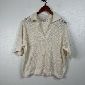 Free Assembly Open Knit Collared Top in Cream Size XXL